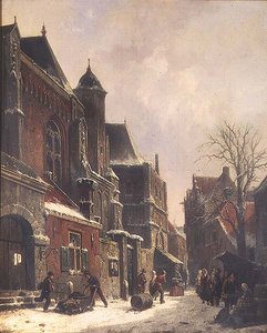 教会のそばに人物がいるオランダの街角風景 作： Adrianus Eversen