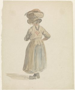 かごを頭にのせた女性の後ろ姿 作： Adrianus Eversen