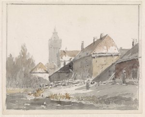 都市の郊外にある家々の眺め 作： Adrianus Eversen