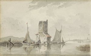 塔のある川の風景 作： Adrianus Eversen