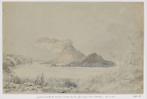 バンダ ネイラと喫煙グヌンガピ、バンダ諸島、中央モルッカのロンタルからの眺め 作： Adrianus Johannes Bik