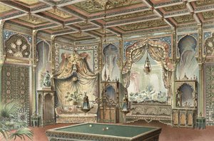 ムーア人のビリヤードルーム、「La Decoration Interieure」のイラスト、1893-94年頃に出版（カラーリソ） 作： Adrien (after) Simoneton