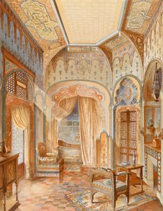 ムーア様式のバスルーム インテリア、1893 ～ 94 年頃に出版された「La Decoration Interieure」のイラスト（カラー リソ） 作： Adrien (after) Simoneton