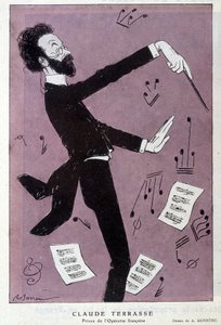 フランスの作曲家、クロード・アントワーヌ・テラッセ（1867-1925）の漫画。オペレット・フランセーズのプリンス。ファンタジオ』にて。バレールの絵。 作： Adrien Barrere