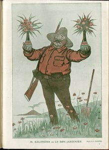 01/06/15の「ファンタジオ」に掲載されたA・バレール（1874-1931）のイラスト - サランドラ氏または良き庭師 - 14 -18年の戦争、イタリア、ワイン、中立、花、火山噴火、評議会議長、トリエステ - サランドラ・アントニオ 作： Adrien Barrere