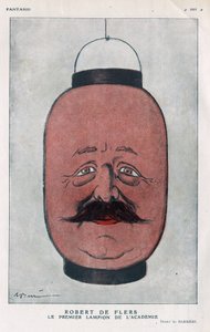 Robert Pelleve de La Motte-Ango (Motte Ango), Marquis de Flers, French playwright (1872-1927).アカデミーの最初のランタン）。1921年6月の「ファンタジオ」に掲載されたバレールの漫画。 作： Adrien Barrere