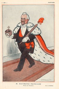 フランス共和国大統領 レイモン・ポアンサール（1860-1934） 大統領の王子（王様の風刺画）、共和国のシンボル（そのうちリクトールの梁がフリジア帽をかぶっている）を持っている - 1913年02月01日の「Fantasio」に掲載 - Illustrated of 作： Adrien Barrere
