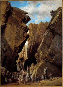 フランスによるアルジェリアの植民地化。"the passage of the Iron Gate in Algeria on 28/10/1839" 1839年にオルレアン公が指揮したフランスの遠征隊がビバンズの通路を横切った。アドリアン・ドーザッツ（1804-1868）による絵画 1869年 日。1,46x1,05 m オルレア 作： Adrien Dauzats