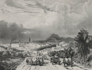 1829年、オーヴェルニュのリオンの全景。 作： Adrien Dauzats