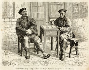 チェスプレイヤー。1873年にT.Choutzeが行ったペキンと北中国への航海を説明するためにA.Marieが描いた絵をもとにしたエングレーヴィングで、1876年にEdouard Chartonが編集した "Le tour du monde "に掲載されている。セルバ・コレクション。 作： Adrien Emmanuel Marie