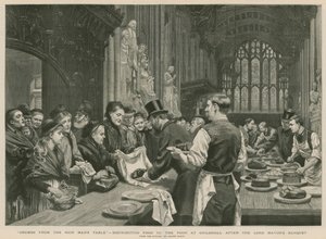 市長主催の宴の後、ギルドホールで貧しい人々に食べ物を配る（エングレービング 作： Adrien Emmanuel Marie