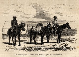 馬に乗ったアメリカの地質調査団の写真家たちは、新しいステージに向けて慎重に資料を梱包している。1870年から1872年にかけて、アメリカ国立公園を巡る一連の地理調査団を描いたA.Marieのドローイングの後のエングレーヴィングである。