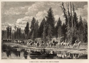 1870年から1872年にかけて、ヘイデン氏、ドーン氏、ラングフォード氏がアメリカ国立公園内で行った一連の地理的任務を示す、A.マリー氏の絵の後に彫られた、ヘンリー川沿いのヘイデン山へ向かう地理的任務の全体像。 作： Adrien Emmanuel Marie