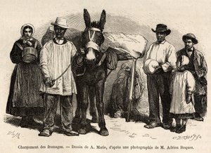 チーズをロバの背中に乗せてロックフォールの貯蔵庫に向かう様子。"Le tour du monde "に掲載された1874年のAdrien RoquesとJules Chartonによるロックフォールとその周辺への旅を描いたA.Marieのドローイングに基づくエングレーヴィング。 作： Adrien Emmanuel Marie