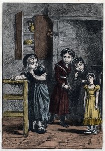 カトリーヌの人形をもらったコゼットを見つめるノバルディエの二人の娘、エポニーヌとアゼルマ - アドリアン・マリー（1848-1891）がヴィクトル・ユーゴーの『悲惨な人々-第二部』のために描いたイラスト。ヴィクトル・ユーゴー（1802-1885）の「コゼット」 1862年