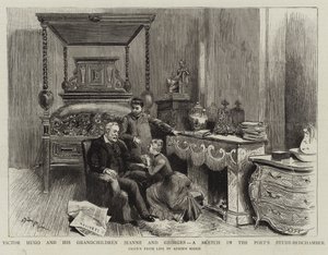 ヴィクトル・ユーゴーとその孫のジャンヌとジョルジュ、詩人の研究室のスケッチ 作： Adrien Emmanuel Marie