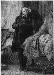 ベビーベッドで眠る子供を観察するヴィクトル・ユーゴー。ヴィクトル・ユーゴー（1802-1885）の「犯罪の歴史」のイラスト。M.A.マリーによるイラスト