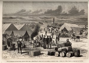 1868年9月、太平洋鉄道の赤い砂漠（モハベ砂漠）の終着駅、ブラック・ビュート収容所の眺め。1868年のワシントンからサンフランシスコまでの航海を描いたA.Marieの絵の後に彫られたもので、L.Simoninが出版したものです。 作： Adrien Emmanuel Marie