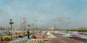 ゲントのヴァン・ハウト保育園に咲くヒヤシンス畑、1883年に聖ニコラス教会、鐘楼、聖バーフ大聖堂を望む 作： Adrien Louis Demont