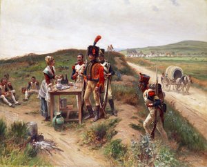 若い市場のベンダーで休んでいる兵士 作： Adrien Moreau