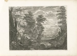 街を背景にした滝 ボヘミアの 4 つの風景 (シリーズ タイトル) 作： Aegidius Sadeler (II) (attributed to)