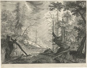 森の中の川沿いの 3 人のハンター チロルの山の風景（連載タイトル） 作： Egidius  Sadeler (II)
