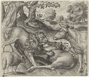 狩りをするライオンと牛と羊の寓話 作： Egidius  Sadeler (II)
