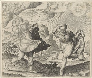 風と太陽とウォーカーの寓話 作： Egidius  Sadeler (II)