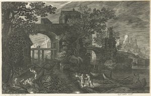 川の漁師との夜景 ボヘミアの八つの風景（連載タイトル） 作： Egidius  Sadeler (II)