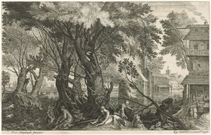 木の群れの近くでハンターを休ませる ボヘミアの 8 つの風景 (シリーズ タイトル) 作： Egidius  Sadeler (II)