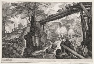 8つのボヘミアの風景：白内障にまたがる丸太橋のある風景、c。 1610-1615。 作： Aegidius Sadeler or Saedeler