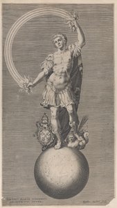 教皇の紋章が付いた球体の上に立つ戦士の寓意的な姿..., ca. 1588-1629。 作： Aegidius Sadeler II