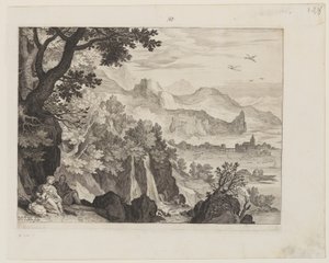 エジプトへの飛行中の休息と山の風景 作： Aegidius Sadeler II