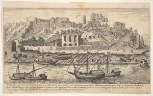 プレート21：ローマのアヴェンティーナの丘の遺跡の西からの眺め、川でのボート...、1606年。