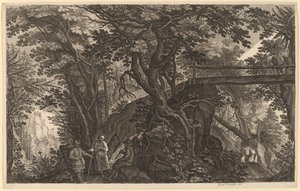橋の近くで休んでいる 2 人の男性と女性のいる森の風景 作： Aegidius Sadeler II after Pieter Stevens