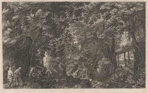 木の橋の近くの森のハンター 作： Aegidius Sadeler II after Pieter Stevens