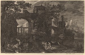 市壁の外の川の漁師との夜の風景 作： Aegidius Sadeler II after Pieter Stevens