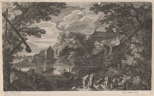 要塞都市の漁師と川の風景 作： Aegidius Sadeler II after Pieter Stevens