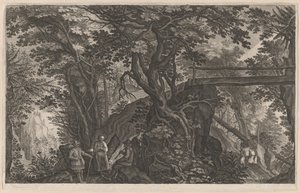 丸太橋のそばの山林で休む旅人 作： Aegidius Sadeler II after Pieter Stevens