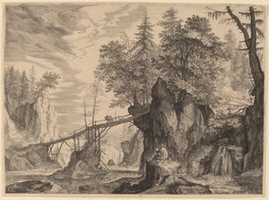 橋の前の石の上の製図工 作： Aegidius Sadeler II after Roelandt Savery