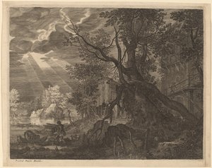 月明かりで釣りをする男性のいる風景 作： Aegidius Sadeler II after Roelandt Savery