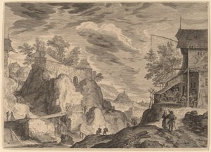 右に旅館のある風景、左に岩の上の家 作： Aegidius Sadeler II after Roelandt Savery