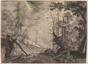 プールの近くの 3 人のハンターと 2 匹の犬 作： Aegidius Sadeler II after Roelandt Savery
