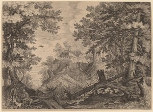 2 人のハンターと左側に犬がいる森のシーン 作： Aegidius Sadeler II after Roelandt Savery