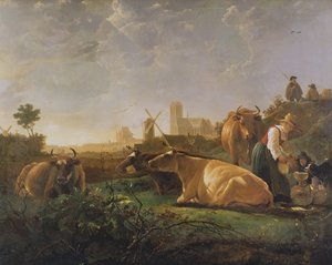 眠っている群れと5頭の牛がいるドルドレヒトの遠景（「小さなドート」）、1650年〜52年