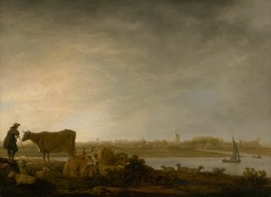 川沿いの牧夫と牛がいるヴィアネンの風景 作： Aelbert Cuyp