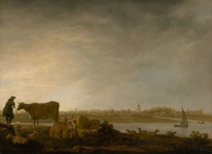 川辺の牛飼いと牛のいるヴィアネンの眺め》1643-45年頃（油彩・パネル） 作： Aelbert Cuyp