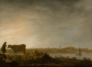 川沿いの牧夫と牛のいるヴィアネンの眺め、c. 164345。 作： Aelbert Cuyp