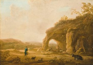洞窟のそばに羊飼いがいるイタリア風の風景画 作： アエルバート・カイプ