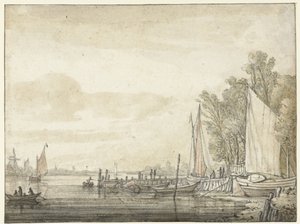 川の桟橋でボート 作： Aelbert Cuyp